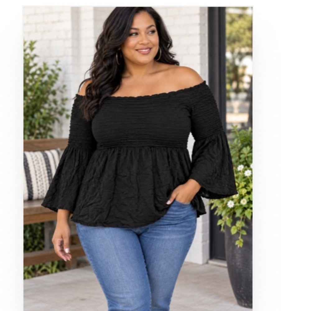 Torrid Black Smocked Off The Shoulder Bell Sleeve Peplum Top Plus Size 1X